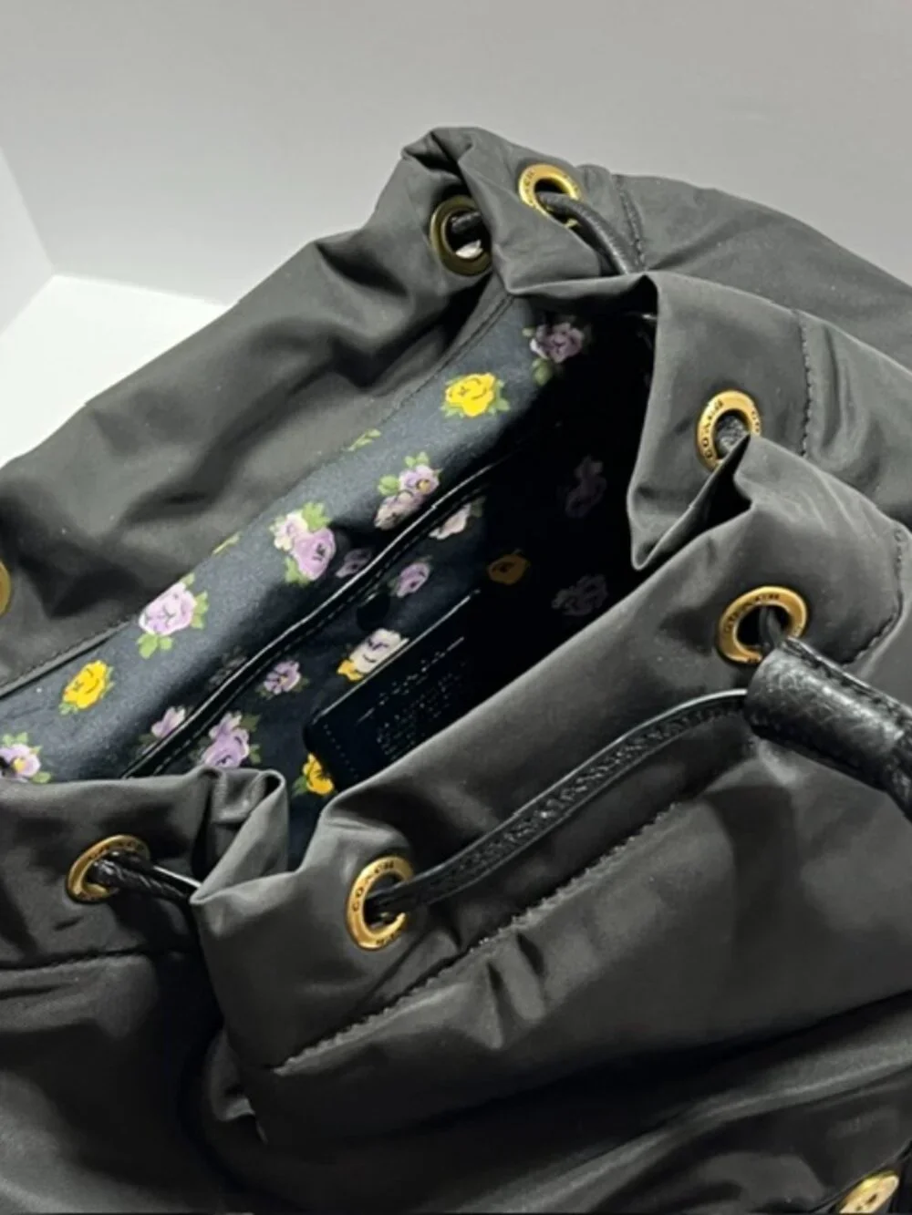 COACH Legacy Nylon and Leather Large Backpack Black w/drawstring & flap closure